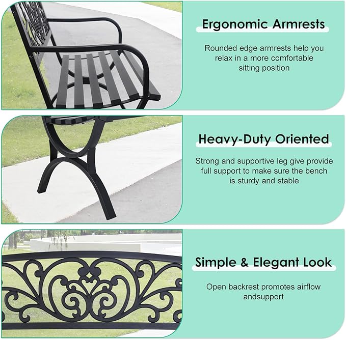 FDW Outdoor 50 Inches Garden Bench, Slatted Seat Armrests Floral Design Backres and Arch Legs, Perfect for Park, Yard, Porch, Lawn, Balcony, Backyard, Black-Ruum Studio Home