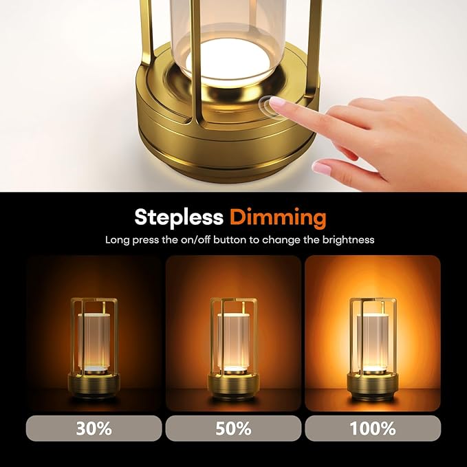 Portable Metal Table Lamp for Indoor/Outdoor ,Rechargeable Cordless LED Lamp, 3-Colour Infinitely Dimming Battery Powered Small Desk Lamp, Restaurant/Bedroom/Bar/Coffee/Camping Light (Gold Set of 2)-Ruum Studio Home