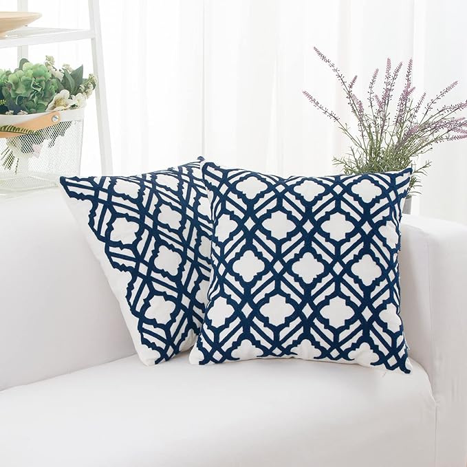HWY 50 Dark Blue Decorative Throw Pillow Covers 18x18 Inch, Pack of 2 Embroidered Cotton Farmhouse Cushion Cover Pillow Case for Sofa Couch Living Room Bed Bedroon, Trellis-Ruum Studio Home
