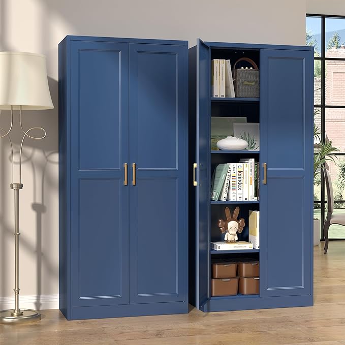 Kitchen Pantry Cabinet,71”Blue Metal Pantry Storage Cabinets with Doors and 4 Adjustable Shelves,Kitchen Cabinet with 2 Gold Handles,Tall Cabinet for Livingroom,-Ruum Studio Home