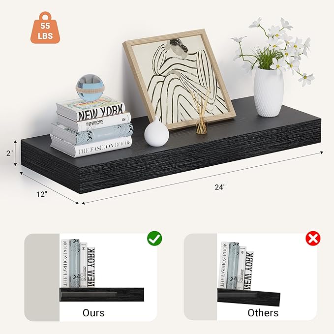 Heimlove 24 x 12 Inch Deep Floating Shelves Wall Mounted with Invisible Brackets,Storage Hanging Shelf for Wall Decor in Bathroom, Bedroom, Toilet, Kitchen, Living Room, Office Set of 1 (Black)-Ruum Studio Home