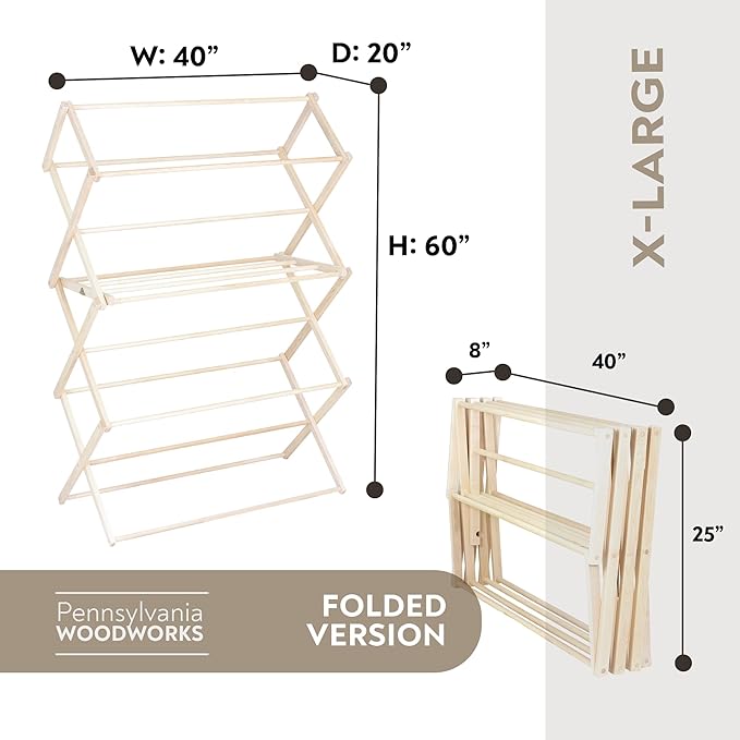 Pennsylvania Woodworks Clothes Drying Rack: Solid Maple Hardwood Laundry Rack for Bedding, Blankets, Towels & More, Heavy Duty, Folding Drying Rack Made in USA, No Assembly Needed, Extra Large-Ruum Studio Home