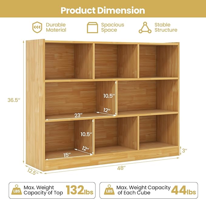 Tangkula 8-Cube Bookcase, Wood 3 Tier Open Storage Bookshelf, Modern Multipurpose Display Cabinet for Living Room, Study, Reading Nook, 48 x 12.5 x 36.5 Inch, Burlywood-Ruum Studio Home