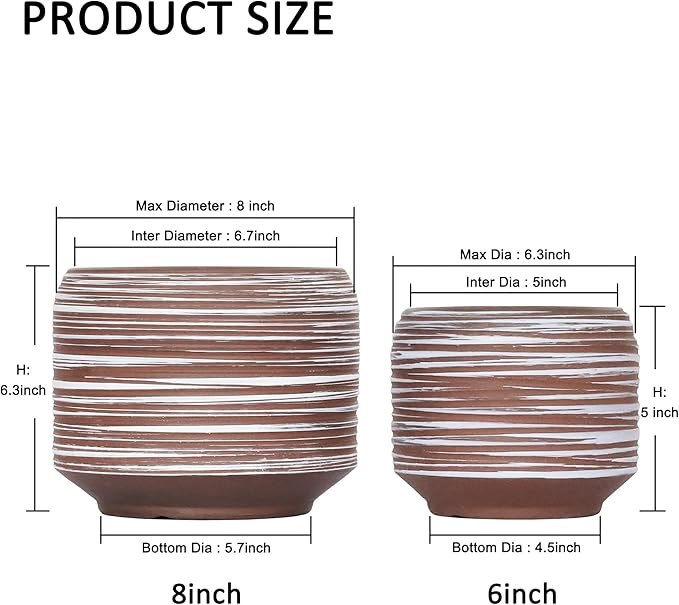8 Inch + 6 Inch Ceramic Plant Pots Indoor with Drainage – Flower Pot Set, Decorative Indoor Planters for House Plants and Garden Use-Ruum Studio Home