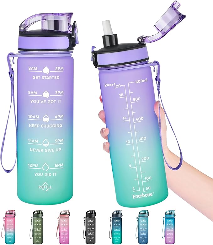 Enerbone Water Bottle, Leakproof BPA & Toxic Free, Motivational Water Bottle with Times to Drink and Straw, Fitness Sports Water Bottle with Strap for Office, Gym, Outdoor Sports-Ruum Studio Home