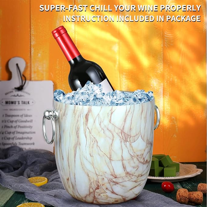 Ice Bucket with Lid, Scoop, Tongs and Strainer - Well Made Insulated Stainless Steel Keep Ice Frozen Longer - Ideal for Cocktail Bar, Parties, Chilling Wine, Champagne - 3 Liter (CarraraMarble)-Ruum Studio Home