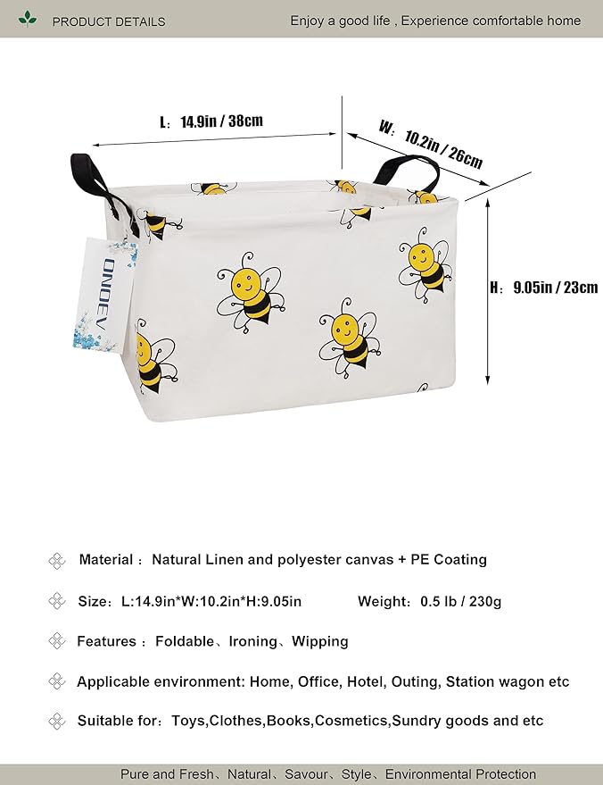 Rectangular Folding Laundry Basket, waterproof Canvas Basket,gift basket,Suitable for children's room,Office,Clothes,Toys Storage(Bee)-Ruum Studio Home