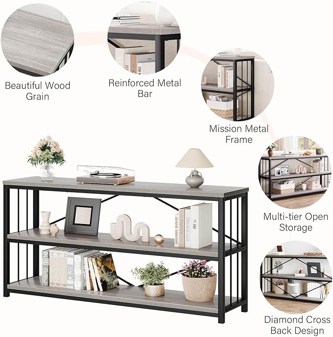 LVB Long Console Table with Storage, Farmhouse Rustic Skinny Entryway Table, Modern Wood Metal Hallway Sofa Table with Shelf, Industrial Narrow Couch Entry Table for Foyer Living Room, Light Grey, 63-Ruum Studio Home