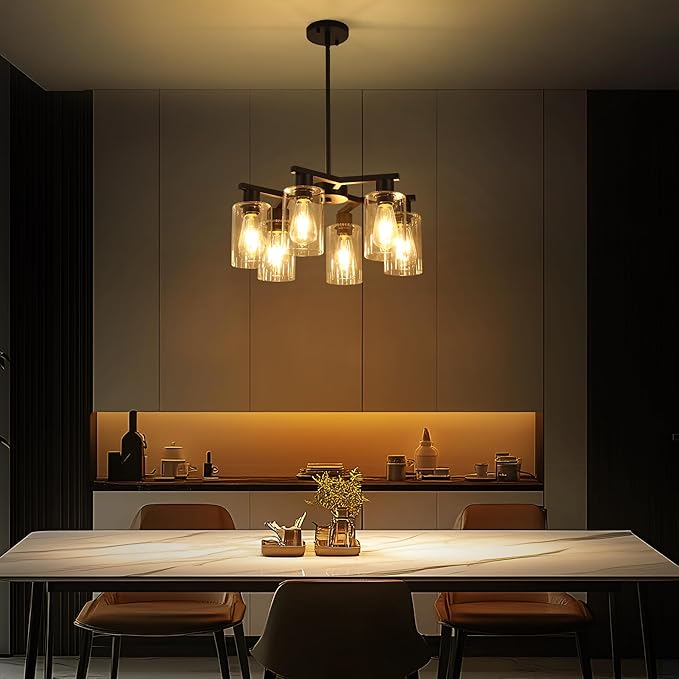 6-Light Black Modern Farmhouse Chandelier for Dining Room Ceiling Light Fixture with Clear Glass Shades, Adjustable Hanging Industrial Pendant Lighting for Living Room Kitchen Island Bedroom Entryway-Ruum Studio Home