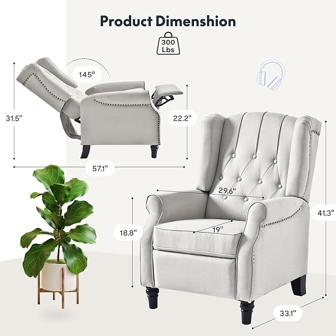 Softa Recliner Chair for Adults, Mid Century Wingback Pushback Accent Chair with Rivet Decoration, Tufted Upholstered Single Sofa Armchair for Living Room, Bedroom, Study (Fabric, Cream)-Ruum Studio Home