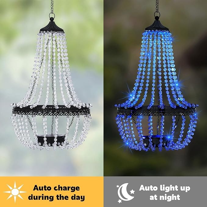 Hanging Solar Chandelier Outdoor, 30 Blue Lights Acrylic Clear Beaded Chandelier with S Hooks Modern Lantern for Garden Yard Patio Gazebo Decorations, 28”H-Ruum Studio Home