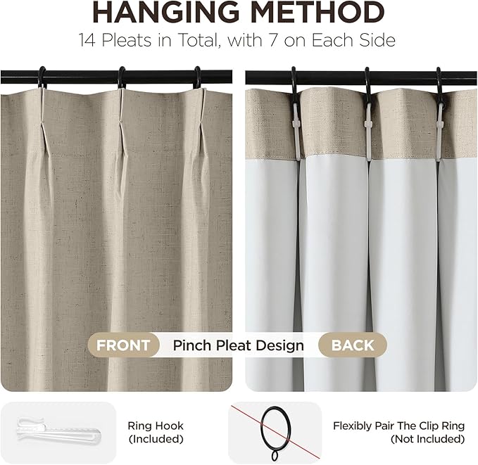 Joydeco Pinch Pleated Linen Curtains Darkening Drapes for Bedroom, 100% Blackout Drapes 96 inches Long 2 Panels Heat Blocking Curtains(Cobblestone,40'' Wx96'' L)-Ruum Studio Home