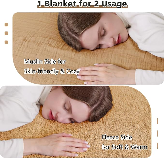EMME Muslin and Fleece Twin Blanket Reversible - 60"*80" Beige Soft Warm Throw Blankets for Couch Bed Picnic Travel Bed-Ruum Studio Home