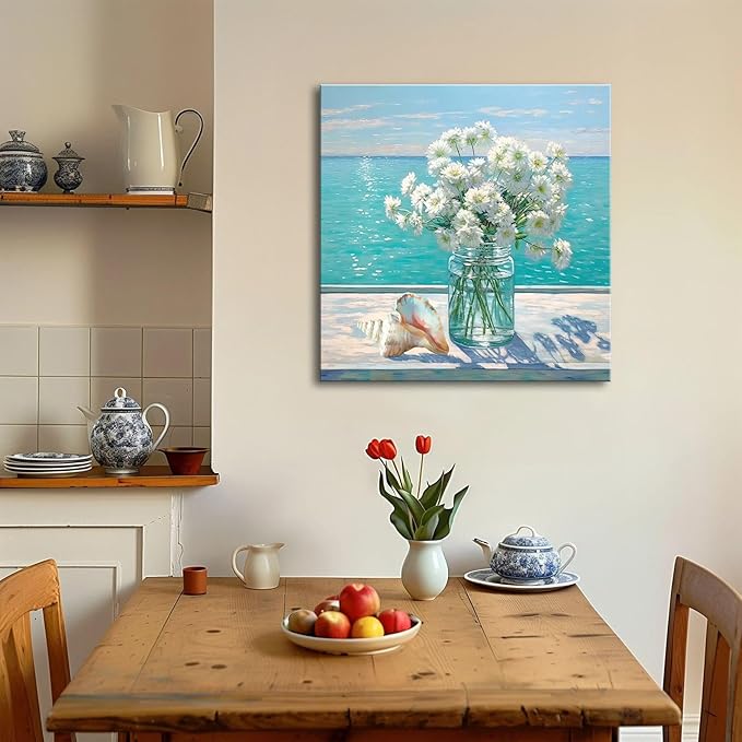 Bathroom Decor Ocean Daisy Flower Canvas Wall Art Coastal Nautical Seashell Seascape Framed Picture Ocean Theme Seascape Painting Artwork for Bedroom Home Decoration Square Blue 14x14"-Ruum Studio Home