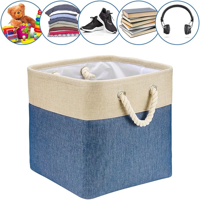 i BKGOO 3Pack Large Foldable Storage Bins，Collapsible Sturdy Cationic Fabric Organizing Storage Basket Cube with Cotton Handles for Home Office Shelf Clothes Toys Khaki-Blue 13×13×13 inch-Ruum Studio Home