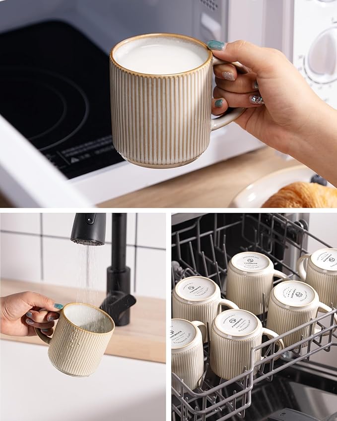 famiware Coffee Mug Set for 6, Star 12 oz Catering Mugs Cup Set with Handle for Coffee, Tea, Cocoa, Milk - Ceramic Stoneware Drinkware Set, Cappuccino White-Ruum Studio Home