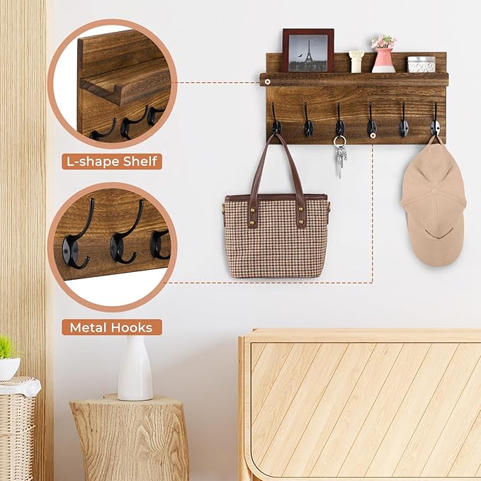 Shelf with Hooks, Coat Rack Wall Mount with 6 Double Metal Hooks, 17 Inch Farmhouse Wall Hooks with Shelf, for Entryway, Bathroom, Kitchen, Rustic Brown-Ruum Studio Home