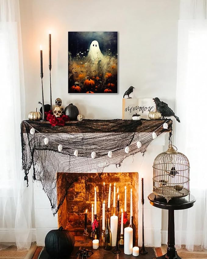 Halloween Canvas Wall Art, Spooky Ghost in Pumpkin Patch Poster, Vintage Gothic Fall Decor, Dark Academia Fall Decor for Living Room, Framed Indoor Halloween Decorations-Ruum Studio Home