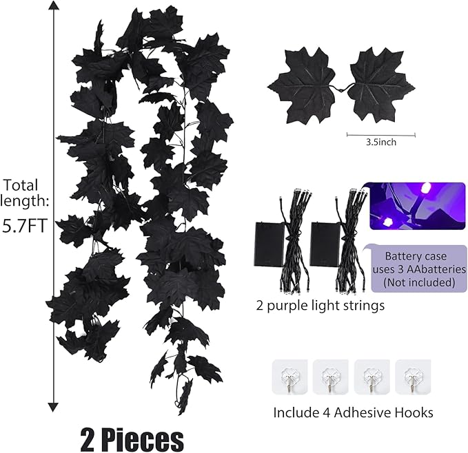 RECUTMS Halloween Maple Leaf Garland with Purple Lights - Black Artificial Leaves Decor for Home Mantle, Stairs, Indoor/Outdoor - 2 Pack-Ruum Studio Home