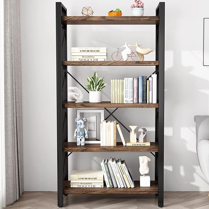 5 Tier Bookshelf Rustic Solid Wood Industrial Style Bookcase,Metal and Real Wood Vintage Bookshelf,Book Shelves Home Office, Retro Brown,Dark Matching credenza(LZ01-05tier) (5Tiers)-Ruum Studio Home