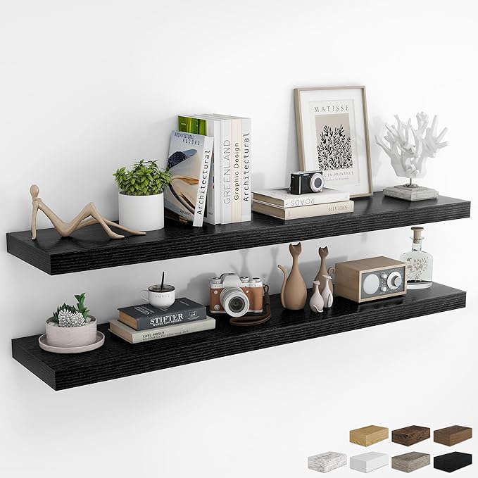 RICHFOCUS 55Inch Floating Shelves for Wall 2 Pack Shelves for Bedroom|Kitchen|Bathroom Wall Mounted Rustic Wood Floating Shelf with Invisible Brackets for Books|Storage|Decor, Black-Ruum Studio Home