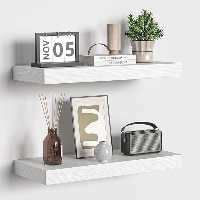 Fun Memories Floating Shelves - 16 Inch Rustic White Wall Shelf - Wall Mounted Shelves for Wall Decor Storage - Wooden Shelves with Invisible Brackets for Living Room, Bedroom, Kitchen, 2 Pack-Ruum Studio Home