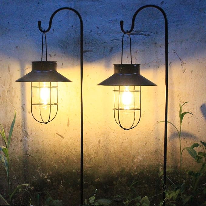 Solar Lantern 2pack Outdoor Hanging Light- Waterproof Vintage Metal Light with Shepherd Hook Decorative for Patio, Backyard, Porch, Yard (Black)-Ruum Studio Home