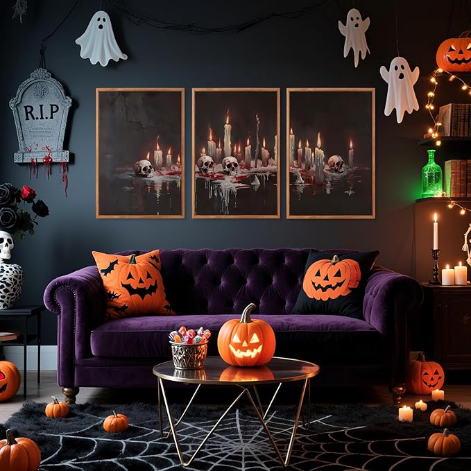 Aurlan Gothic Bloody Skull and Candles Framed Wall Art(16"x24"), 3PCS Horror Dark Academia Halloween Skeleton Canvas Artwork, Modern Goth Spooky Creepy Ghost Decor for Home Office Bedroom-Ruum Studio Home