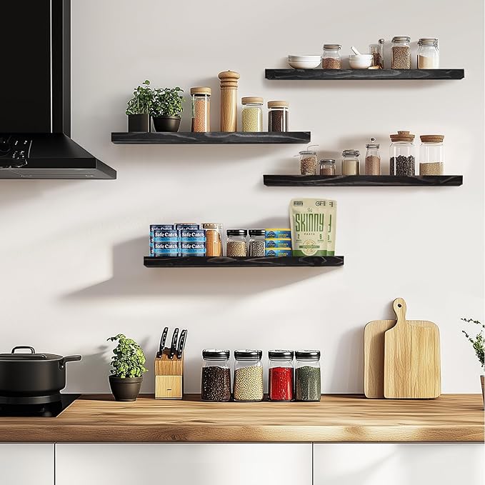 Floating Wall Shelves 4-Pack - Rustic Black 16-inch Wooden Wall Shelves for Storage and Décor, Multi-Functional and Easy to Install for Living Room, Bedroom, and Kitchen-Ruum Studio Home