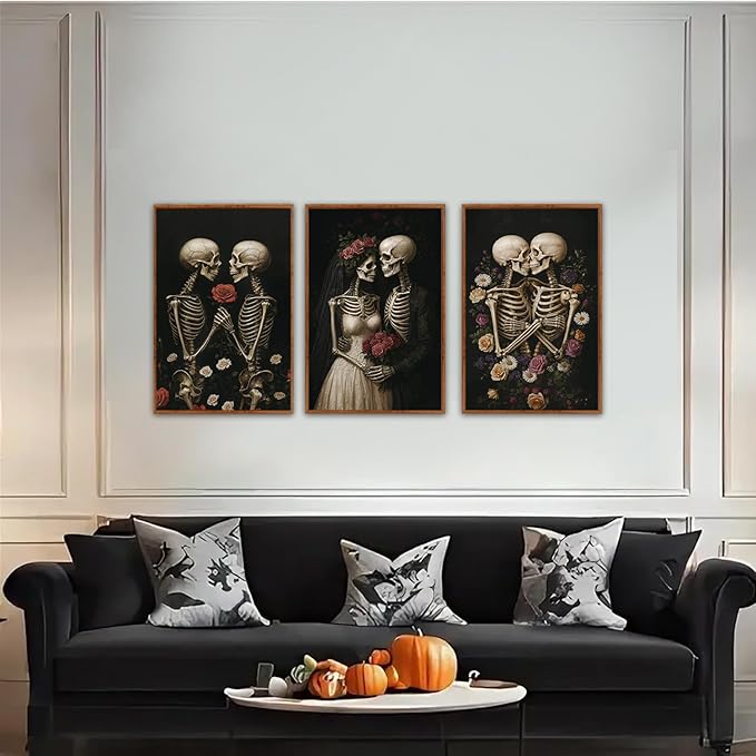 HLNIUC Halloween Rose Wedding Framed Wall Art,Vintage Skeleton Rose Canvas Prints,Abstract Romantic Theme Wall Decor Set of 3(16”x24”)Dark Romance Framed Painting,Roses Skull Art Print for Living Room-Ruum Studio Home