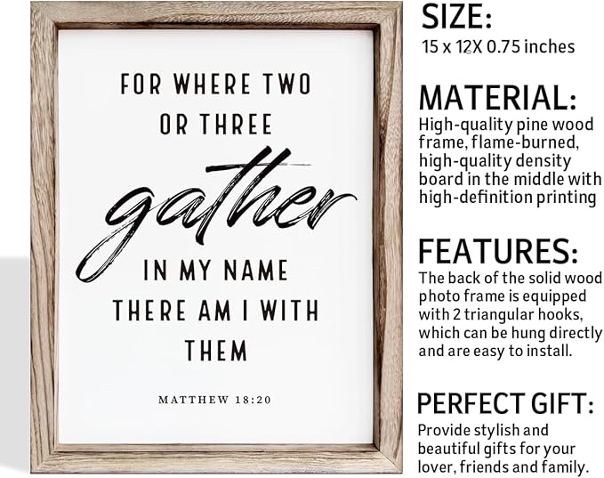 Christian Decor Art, Scripture Matthew 18:20 Sign, Home Church Decor, Framed Wall Plaque Sign 15 * 11.5 inches, Housewarming Gift, For Where Two or Three Gather in My Name-Ruum Studio Home