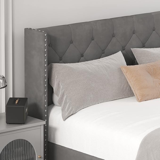 King Size Bed Frame with LED Lights, Upholstered Bed Frame with Wingback Diamond Tufted Headboard, Wood Slats Support, Noise-Free, Easy Assembly, No Box Spring Needed, Grey-Ruum Studio Home