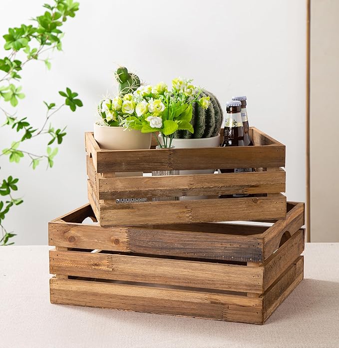 Set of 3 Nesting Wooden Crates, Rustic Wooden Storage Container Boxes with Cutout Handles, Decorative Farmhouse Wood Baskets for Display (Natural)-Ruum Studio Home