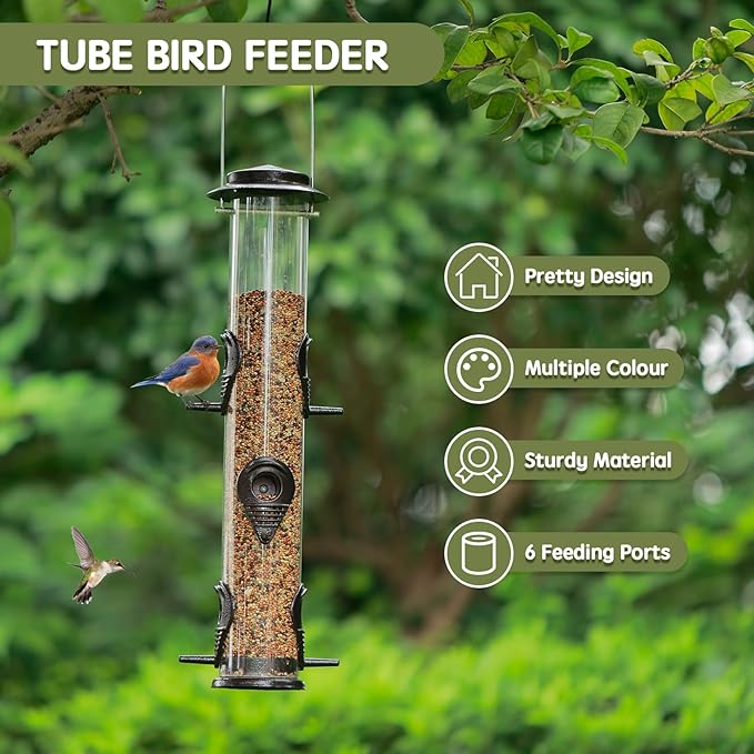 MIXXIDEA 2PK Metal Wild Bird Feeder Squirrel Proof Bird Feeders for Outside Hanging 6 Port Tube Bird Feeder Transparent Finch Feeder with Steel Hanger (Coffee)-Ruum Studio Home