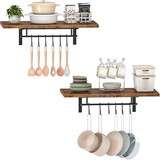 Wall-Mounted Pot Racks, Set of 2 Hanging Pot Rack, Floating Shelves, Wall Shelves, Vintage Pot Hangers for Kitchen, Wall Rack for Kitchen Storage, Rustic Brown and Black TPR26P2BF-Ruum Studio Home