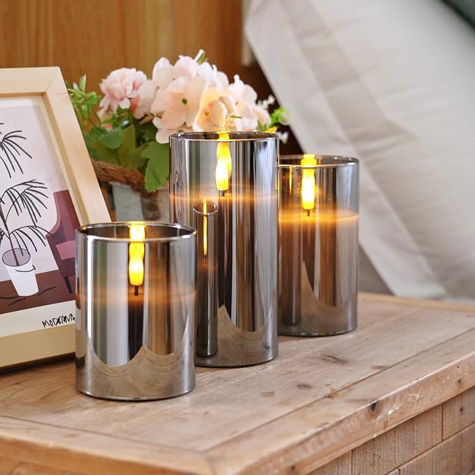 Homemory Grey Glass Flameless Candles, Battery Operated LED Pillar Candles with Remote Control and Timer, Radiance Candles, Real Wax, Set of 3,D3 xH4 5" 6"-Ruum Studio Home