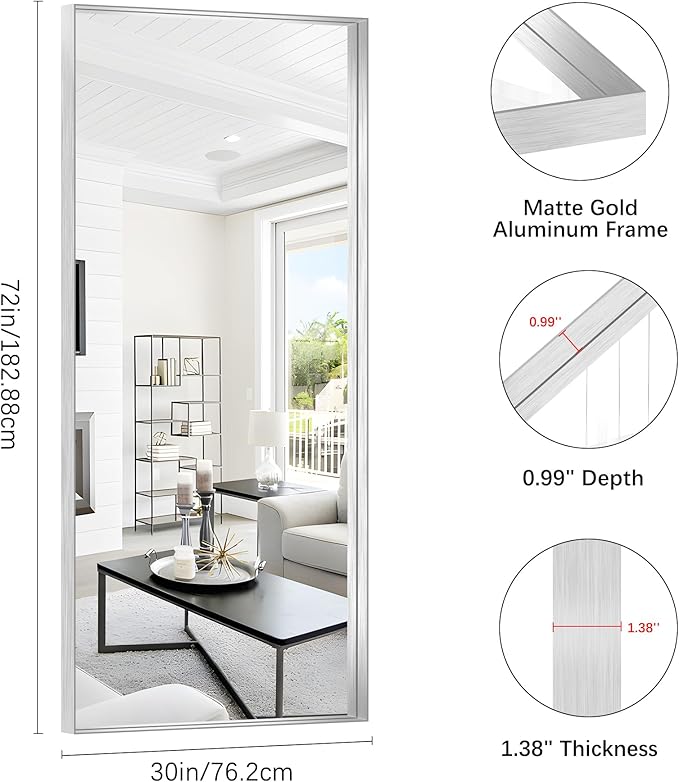 Silver Bathroom Mirror, 72x30 Inch Rectangular Deep Frame Mirror, Large Wall Mounted Bathroom Vanity Mirror Over Sink for Bedroom,Restroom, Living Room, Hangs Vertically or Horizontally-Ruum Studio Home