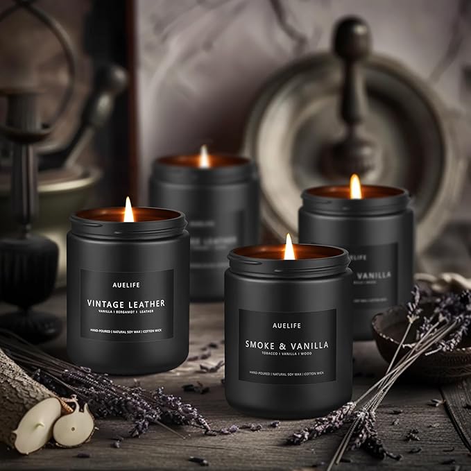 2 Pack Men Candles | Smoke & Vanilla + Vintage Leather - Scented Candles for Men - Masculines Candle - Soy Candle for Home Scented, Man Gifts, Black Jar - 7oz-Ruum Studio Home