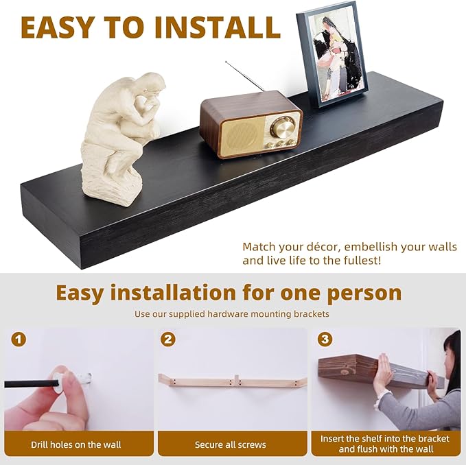 Floating Shelves 3 inch Thick for Wall Set of 2,Solid Pine Wood Wall Mount Shelf for Kitchen Living Room Bedroom Bathroom,8" D x 48" L x 3" H-Black-Ruum Studio Home