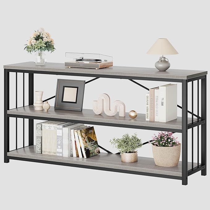 LVB Extra Long 3-Tier Sofa Table, Industrial Console Table with Storage Shelf, Modern Rustic Wood Metal Narrow Entryway Table, Skinny Behind Couch Table for Foyer Living Room Bedroom, Light Grey, 70In-Ruum Studio Home