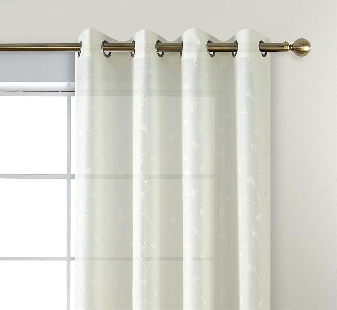 MIUCO Floral Embroidery Semi Sheer Curtains Faux Linen Grommet Curtains for Bedroom 52 x 63 Inch 2 Panels, Off White-Ruum Studio Home