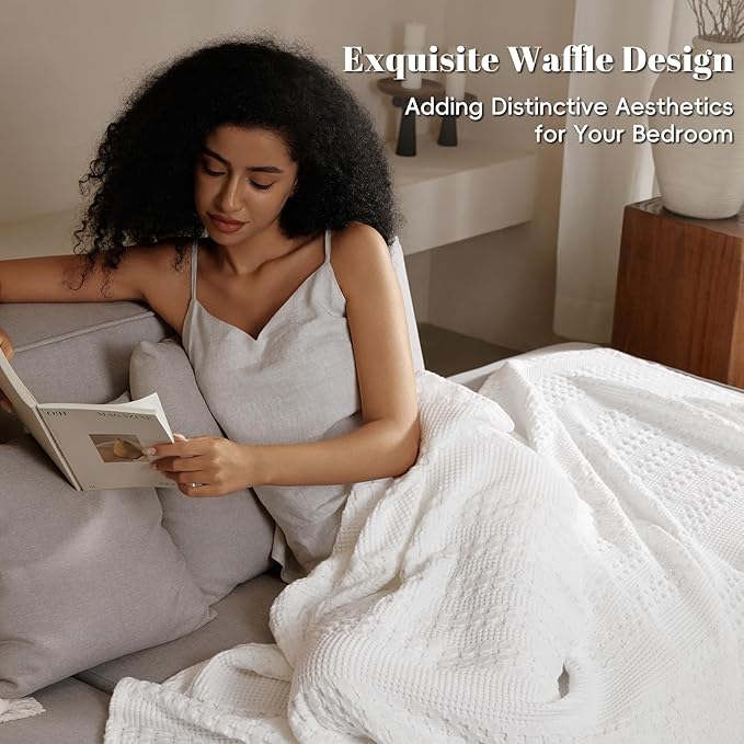 PHF 100% Cotton Waffle Weave Blanket Twin Size, Soft Lightweight Breathable Cozy Summer Blankets for Bed, Luxury Aesthetic Woven Bedding for Home Decor, 66"x90", White-Ruum Studio Home