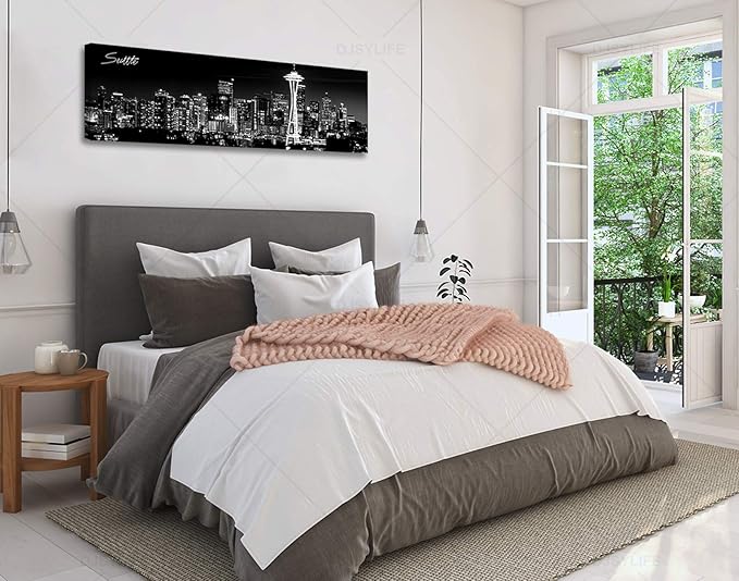 Seattle City Skyline Wall Art Black and White Canvas Prints Panorama Cityscape Picture Night View Painting Poster Modern Artwork Home Decor for Office Living Room - Ready to Hang 13.8" x 47.3"-Ruum Studio Home