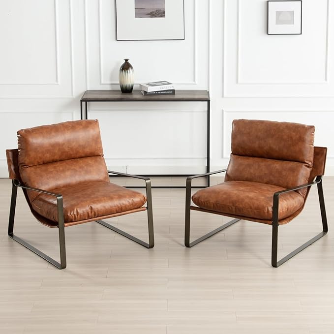 DUOMAY Mid-Century Accent Chairs Set of 2, Comfy PU Leather Leisure Chairs Lazy Chairs with Brozen Metal Leg for Living Room Bedroom Office Apartment, Brown-Ruum Studio Home