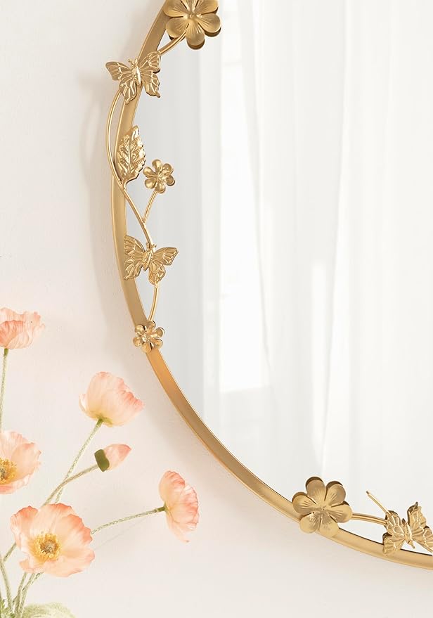Kate and Laurel Rosella Modern Ornate Round Wall Mirror, 26 Inch Diameter, Gold, Circle Mirror with Floral Detailing for Use as Bathroom Mirror for Over Sink or Cute Nursery Mirror Decor-Ruum Studio Home