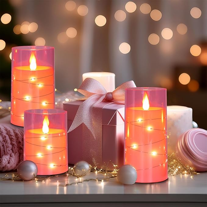 Aignis Flickering Flameless Candles Battery Operated Candles LED Candles with Remote Timer for Home/Wedding/Birthday/Holiday Decor, Cherry Blossom Pink 3D Flame Set of 3 (D3 xH4 5" 6")-Ruum Studio Home
