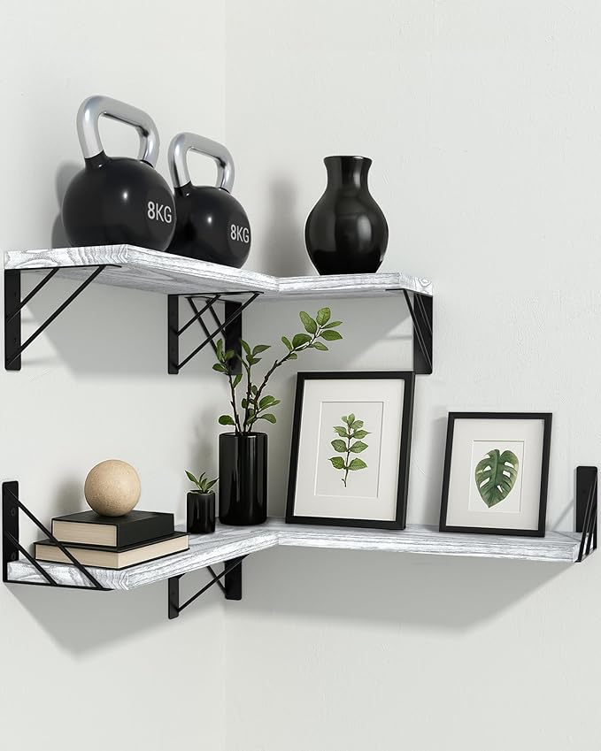 BAYKA Wall Shelves for Bedroom Decor, Floating Wall Shelves for Living Room Kitchen Storage, Wall Mounted Rustic Wood Floating Shelves for Kids Books, Corner Shelf for Bathroom(Gray White，Set of 4)-Ruum Studio Home