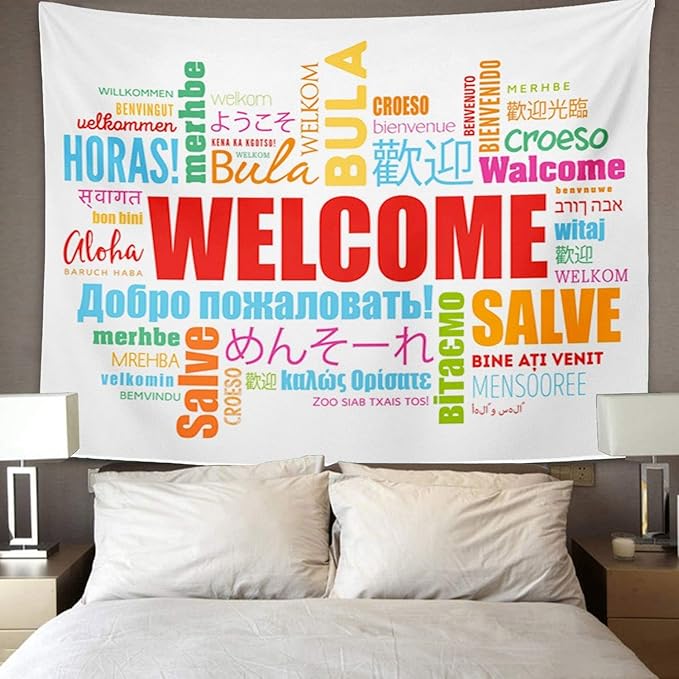 TOMPOP Tapestry World Welcome Word Cloud in Different Languages Conceptual Multilingual Home Decor Wall Hanging for Living Room Bedroom Dorm 60x80 Inches-Ruum Studio Home