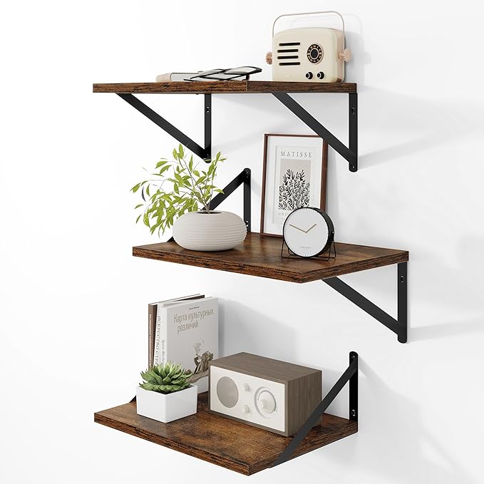 Heimlove Deep Floating Shelves for Wall, 12 Inch Deep Floating Shelves Set of 3, 16W x 12D Wood Wall Shelves, Wide Shelves with Metal Bracket for Living Room, Kitchen, Office, Bedroom - Rustic Brown-Ruum Studio Home