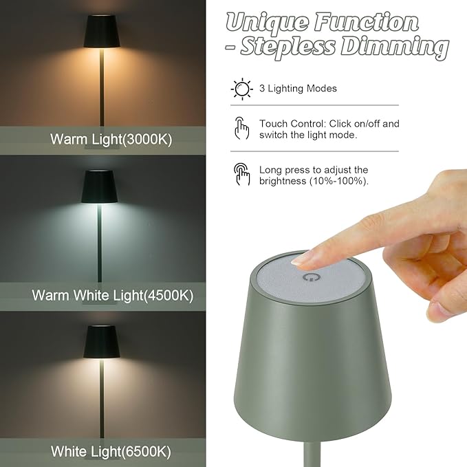 HASUN 2 Pack Cordless Table Lamp, Portable LED Desk Lamp, 5200mAh Battery Operated Lights, 3 Color Stepless Dimming Up, Night Light for Bedroom/Date/Bars/Cafe/Camping (Green 2Pack)-Ruum Studio Home